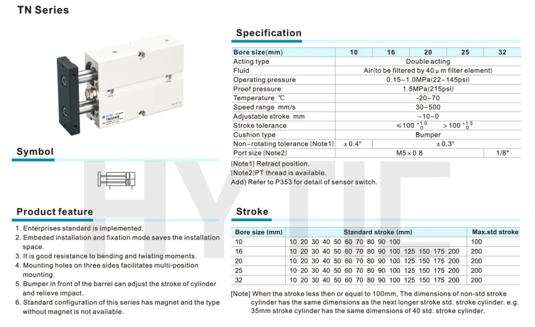 Tn /Tr Series Double Shaft Pneumatic Cylinder Miniature Pneumatic Cylinder