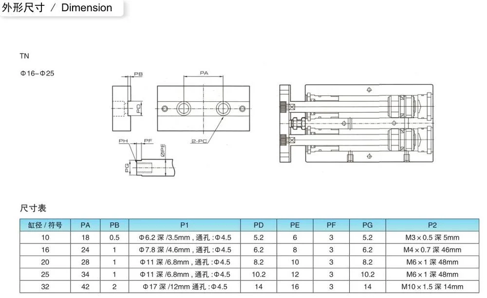 Tn/Tda Series dual Rod Pneumatic Cylinder